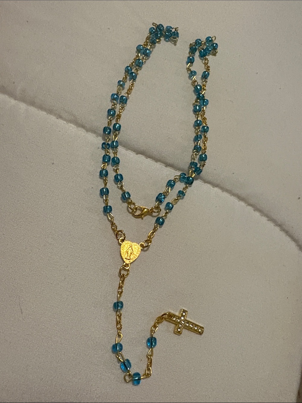 Gold-Tone Rosary Necklace with Teal Beads